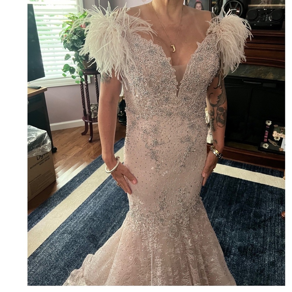 Blush Pink Lace Sequin Mermaid Gown with Feather 2P can be let out to 6P